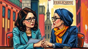 Focused strategy session Lina Khan and Zohran Mamdani in a deep discussion, surrounded by the materials of their transition work.