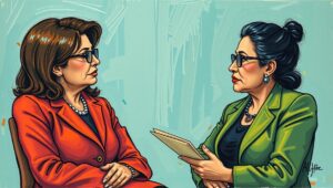 Lina Khan presenting an idea Lina Khan looking up from her notes, gesturing as she explains a concept to Mamdani.