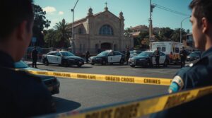 A solemn image of the Bondi Beach promenade with police tape and emergency vehicles, the aftermath of the Hanukkah celebration attack.