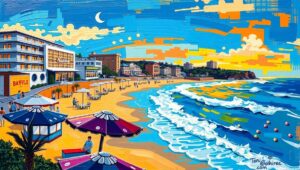 A solemn scene at Bondi Beach with a makeshift memorial of flowers and candles, and the iconic beach in the background.