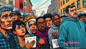 NYC outreach workers engaging with homeless individuals at street encampment New York City homeless outreach workers connecting with individuals at street encampment