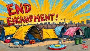 Homeless encampment in New York City subway station and public space Homeless encampment in NYC subway station showing urban homelessness crisis