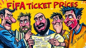 An infographic showing a flow of public money into a stadium, with profits flowing out to corporate logos and expensive tickets.