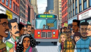 Crowded New York City bus A crowded New York City bus traveling down a city street, representing the current transit system.