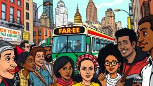 Zohran Mamdani talking about transportation policy Zohran Mamdani stands at a podium with a 'Fair Fares' sign, discussing transportation policy.