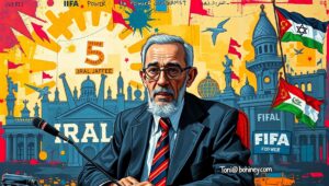 Zohran Mamdani in a formal interview setting, with a split graphic showing the flags of Israel and the FIFA logo in the background.