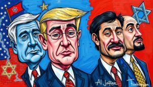 A political compass graphic, with arrows labeled 'Left' and 'Right' both pointing toward a central Star of David symbol under pressure.