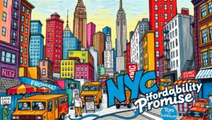 A contrasting split image: on one side, campaign signs for 'Affordable NYC'; on the other, a portrait of Lina Khan with FTC regulatory documents.