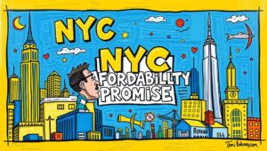 An editorial cartoon style image showing a 'For Sale' sign on a New York business, with a worried owner looking at regulatory paperwork.