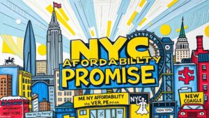 A symbolic scale: on one side, icons for rent control and public transit; on the other, a graph showing declining business investment.