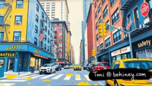 A split image contrasting NYPD officers ticketing a cyclist versus a redesigned intersection with clear daylighting and a protected bike lane.