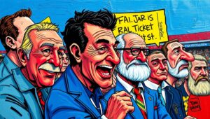 A vibrant street scene in a diverse New York neighborhood, with flags from many nations and a community soccer game.