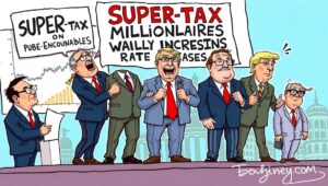 A balance scale with bags of money on one side labeled 'Corporate Revenue' and public icons for housing, schools, and transit on the other.