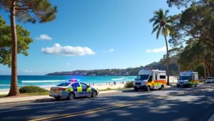 Emergency personnel responding to the antisemitic terror attack at Bondi Beach's Hanukkah celebration.