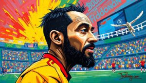 Zohran Mamdani speaking at a podium with a FIFA logo and a graph showing steeply rising prices in the background.