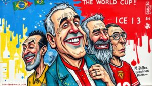 A visual contrast: one side shows corporate luxury boxes, the other shows diverse, local fans watching from a public park screen.