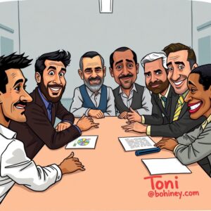 Zohran Mamdani with transition team co-chairs Mayor-elect Zohran Mamdani stands smiling with two transition team co-chairs, reviewing documents at a table in a sunlit room.