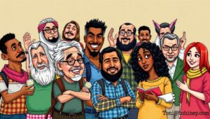 Crowd at a Mamdani campaign event A diverse crowd of supporters at a Zohran Mamdani campaign rally, holding signs about housing and childcare.