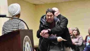 Rep. Ilhan Omar speaking at a town hall event Congresswoman Ilhan Omar speaking at a town hall event before being sprayed with an unknown substance.